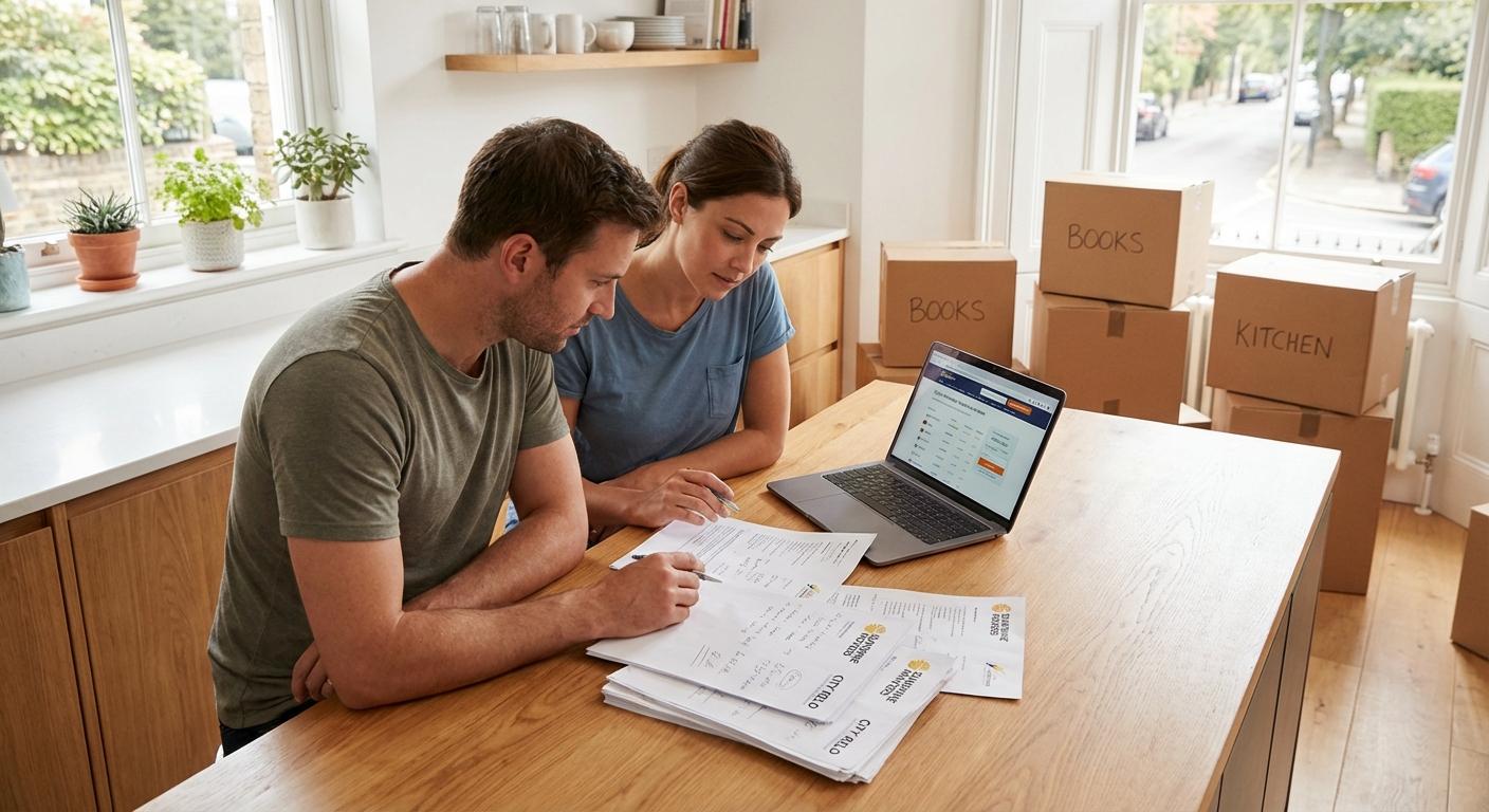 A couple reviewing moving quotes on a laptop while a moving truck is parked outside