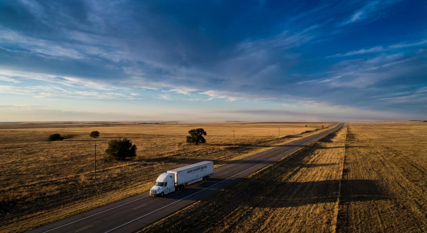 A moving truck on a highway driving through open country with mountains in the background