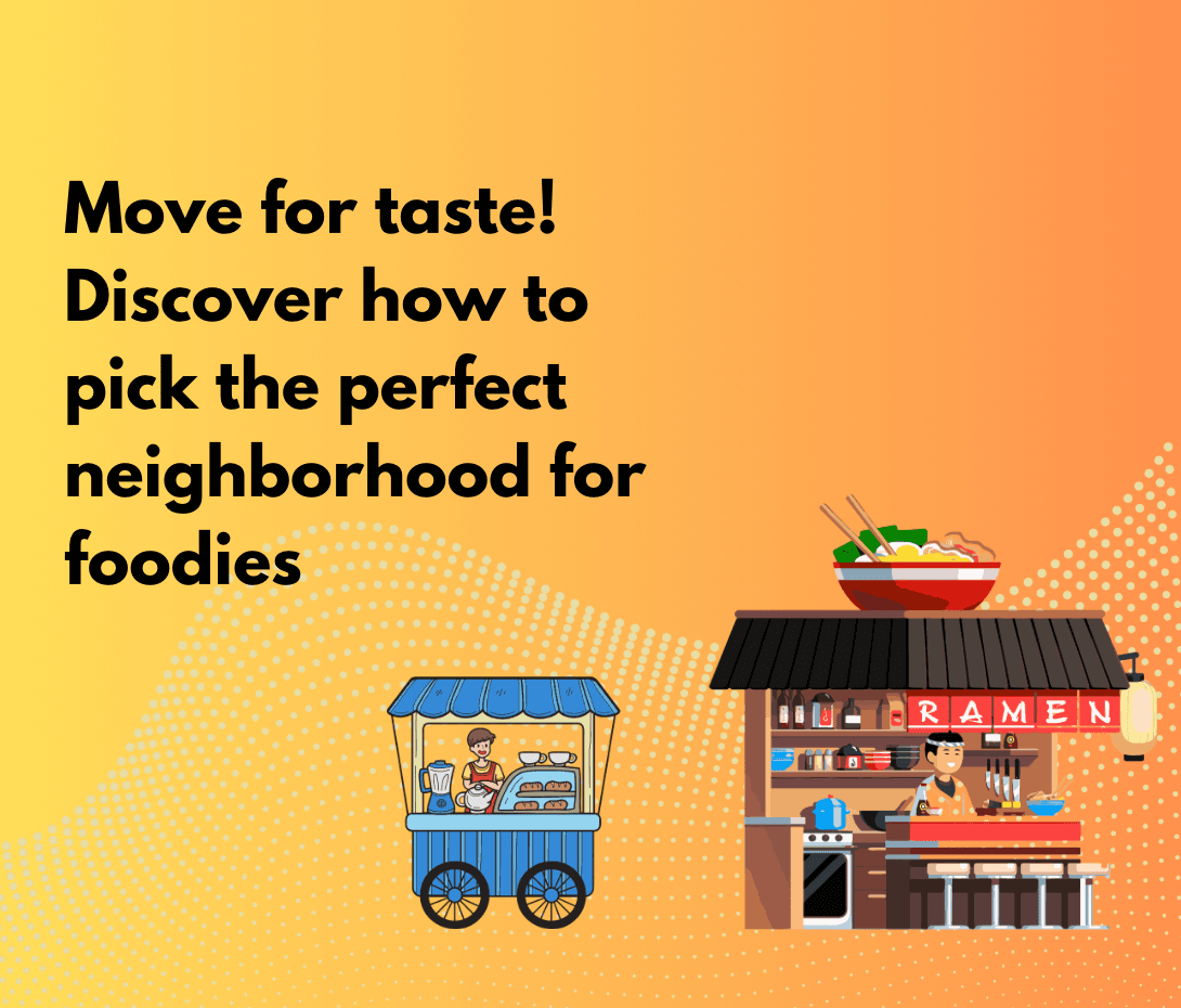 A vibrant neighborhood street with diverse restaurants, outdoor cafe seating, and a farmers market