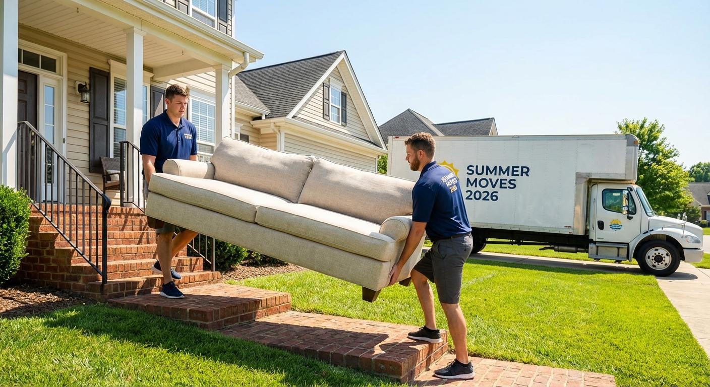 Movers loading boxes into a truck on a sunny summer day in a suburban neighborhood