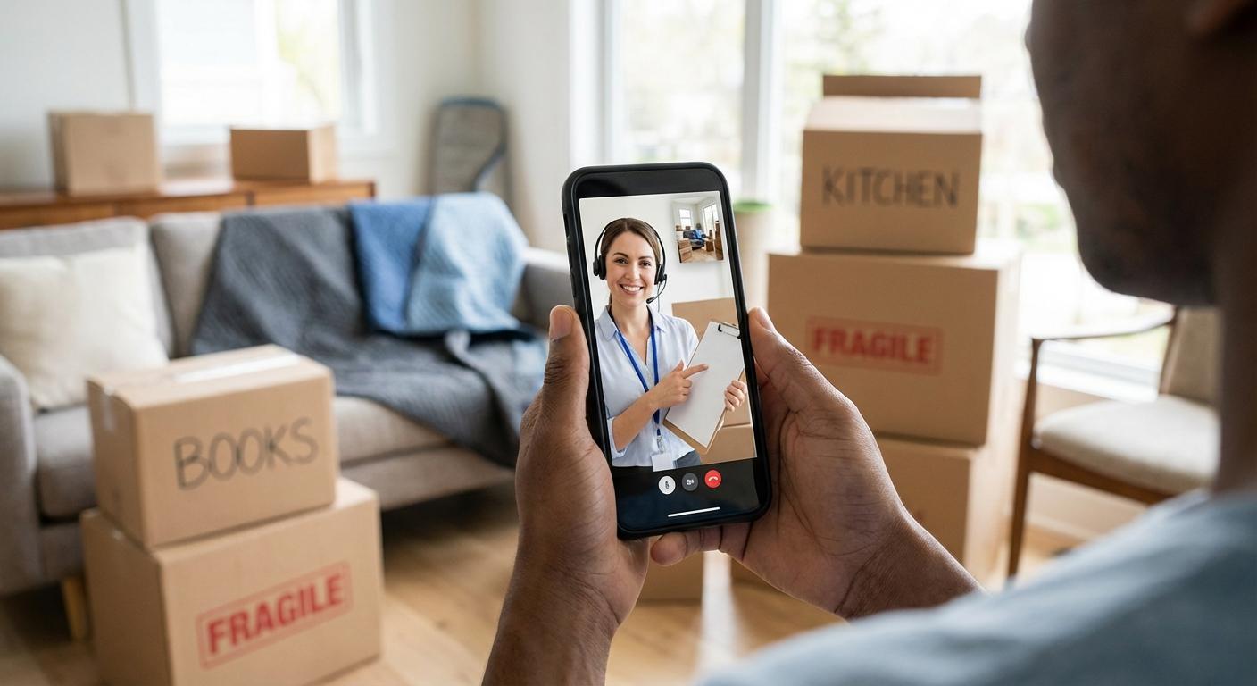 A person holding a smartphone showing a video call with a moving estimator while standing in their living room